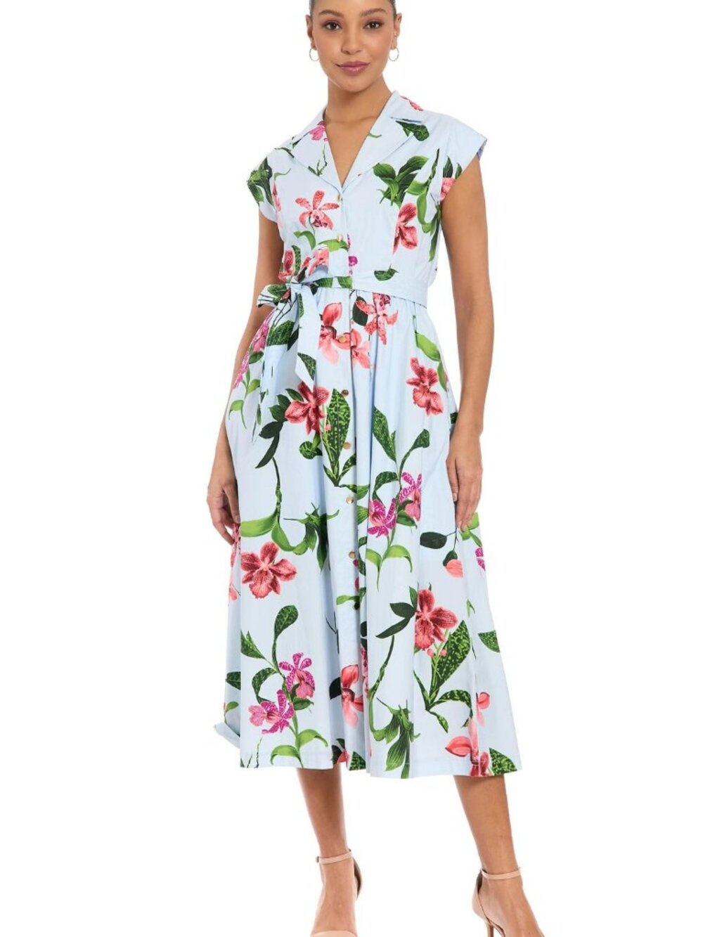 NWT London Times Rosemary Cotton Belted Shirt Dress – Sky Blue / Sunkist Coral - Picture 4 of 5